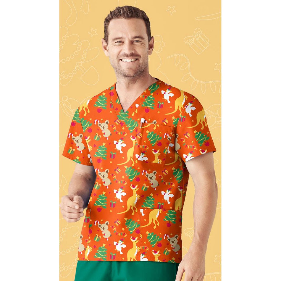 Biz Care Mens Christmas V-Neck Short Sleeve Scrub Top (CST346MS)