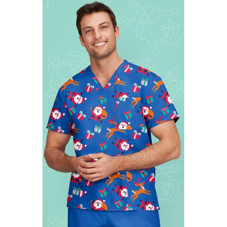 Biz Care Mens Christmas V-Neck Short Sleeve Scrub Top (CST346MS)