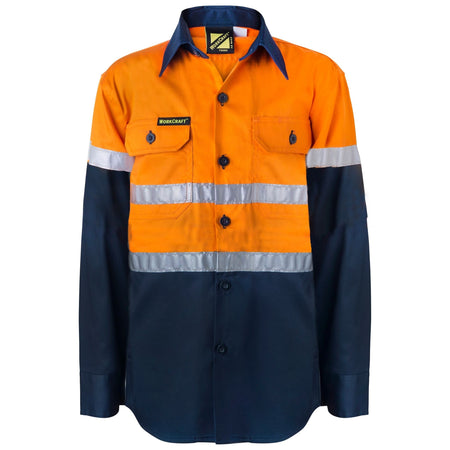 Workcraft Kids Lightweight Hi Vis Long Sleeve Reflective Cotton Drill Shirt With Tape (WSK125) - Ace Workwear