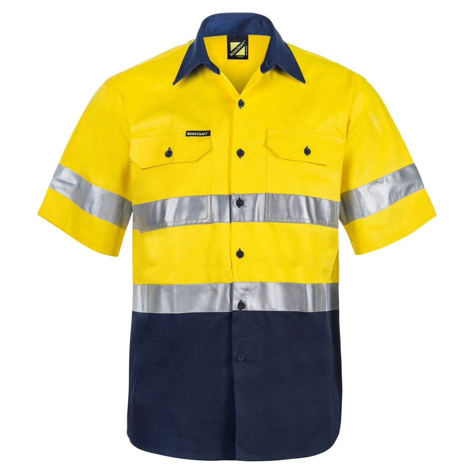 Workcraft Hi Vis Two Tone Short Sleeve Cotton Drill Shirt With CSR Reflection Tape (WS4001)