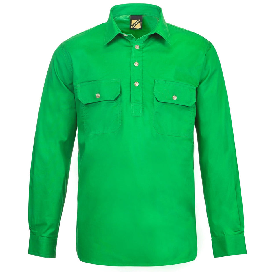 Workcraft Lightweight Long Sleeve Half Placket Cotton Drill Shirt With Contrast Buttons (WS3029)