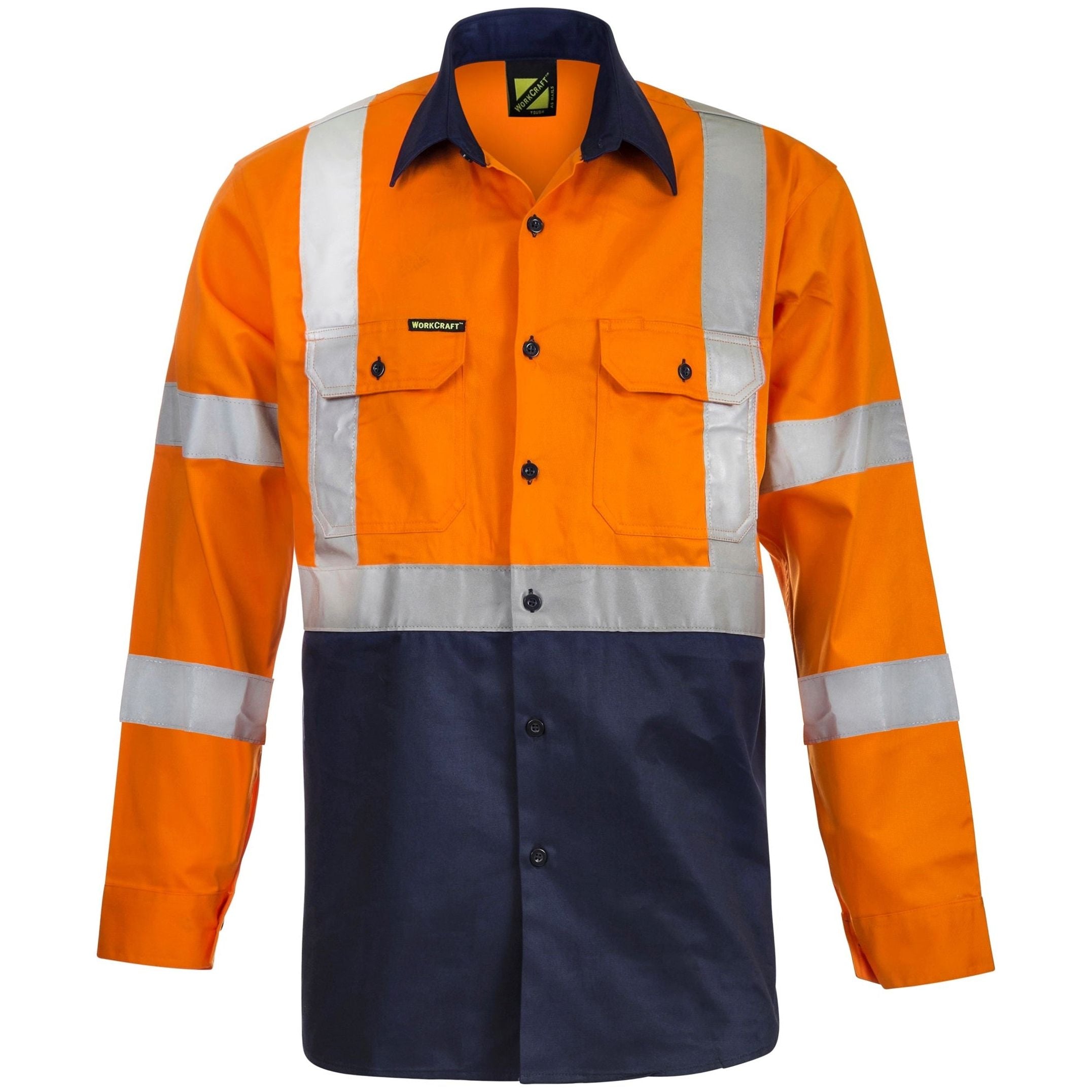 Workcraft Hi Vis Two Tone Front Long Sleeve Cotton Drrill Shirt With X Pattern CSR Reflective Tape (WS6020) - Ace Workwear