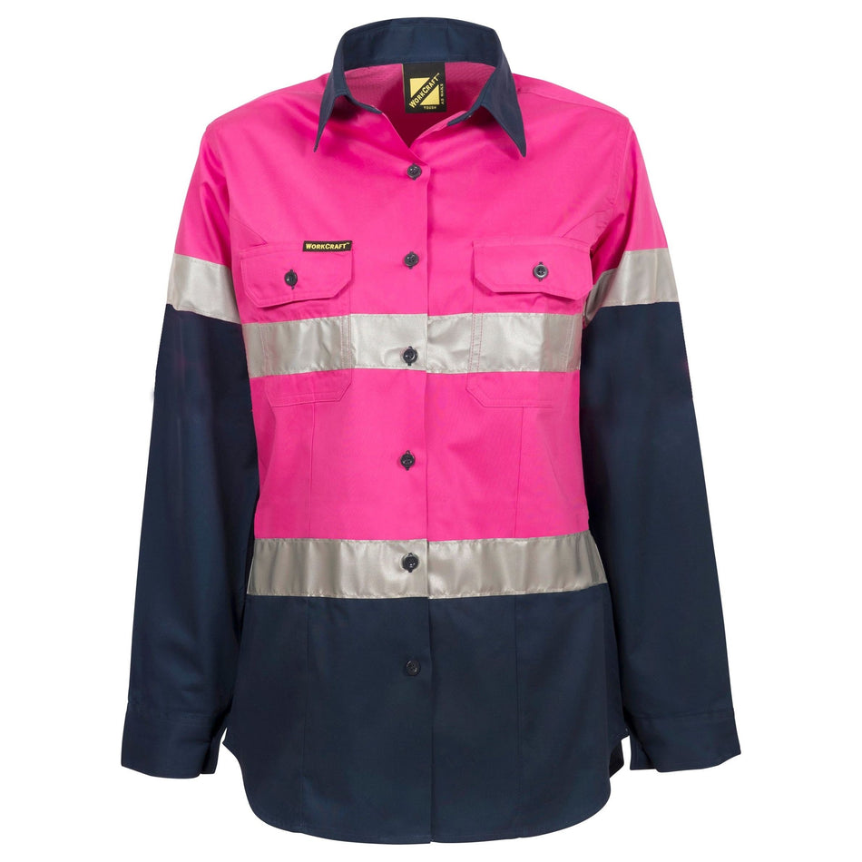 Workcraft Ladies Lightweight Hi Vis Long Sleeve Vented Reflective Cotton Drill Shirt With Tape - Night Use Only (WSL503)