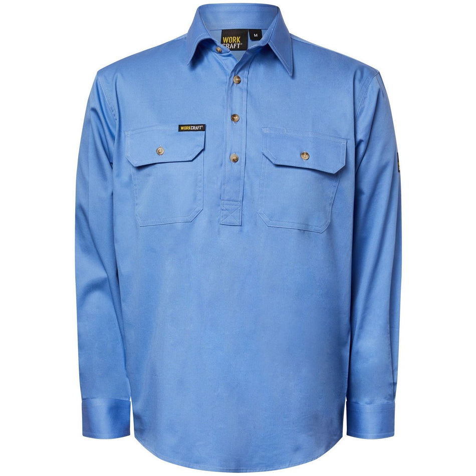 Workcraft Lightweight Long Sleeve Half Placket Cotton Drill Shirt With Contrast Buttons (WS3029)