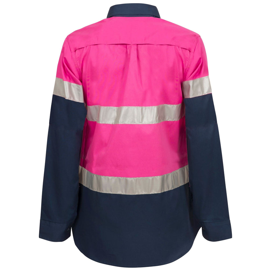 Workcraft Ladies Lightweight Hi Vis Long Sleeve Vented Reflective Cotton Drill Shirt With Tape - Night Use Only (WSL503)