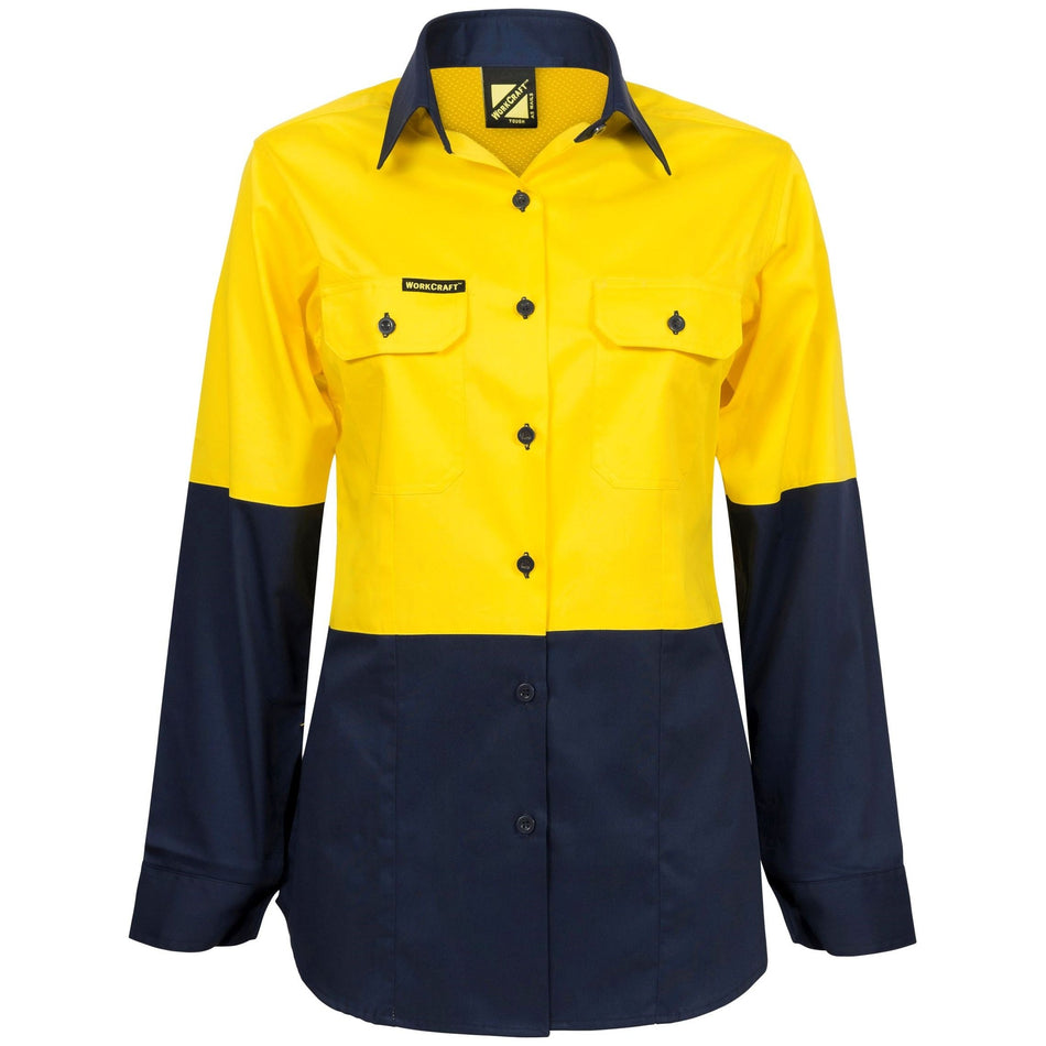 Workcraft Ladies Lightweight Hi Vis Long Sleeve Vented Cotton Drill Shirt (WSL502)