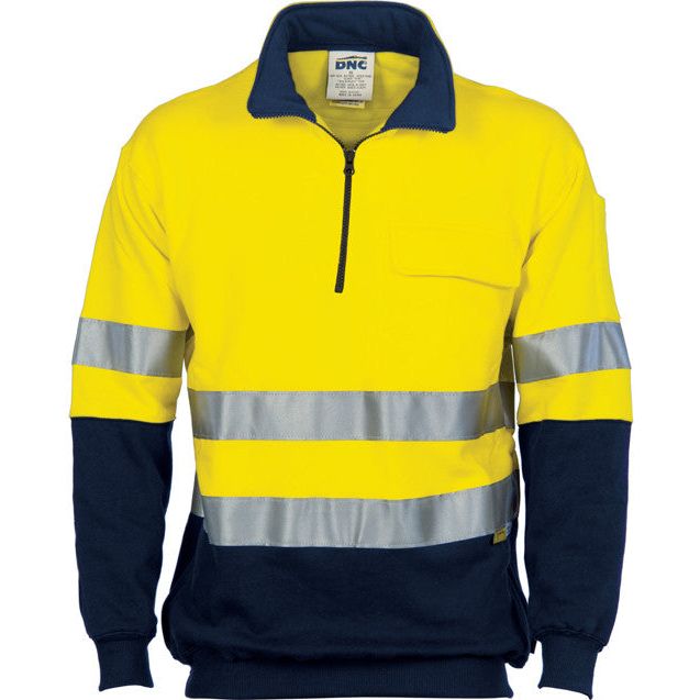 DNC Hi Vis 1/2 Zip Cotton Fleecy Windcheater With 3M Reflective Tape (3925) Hi Vis Half Zip Jumpers DNC Workwear - Ace Workwear