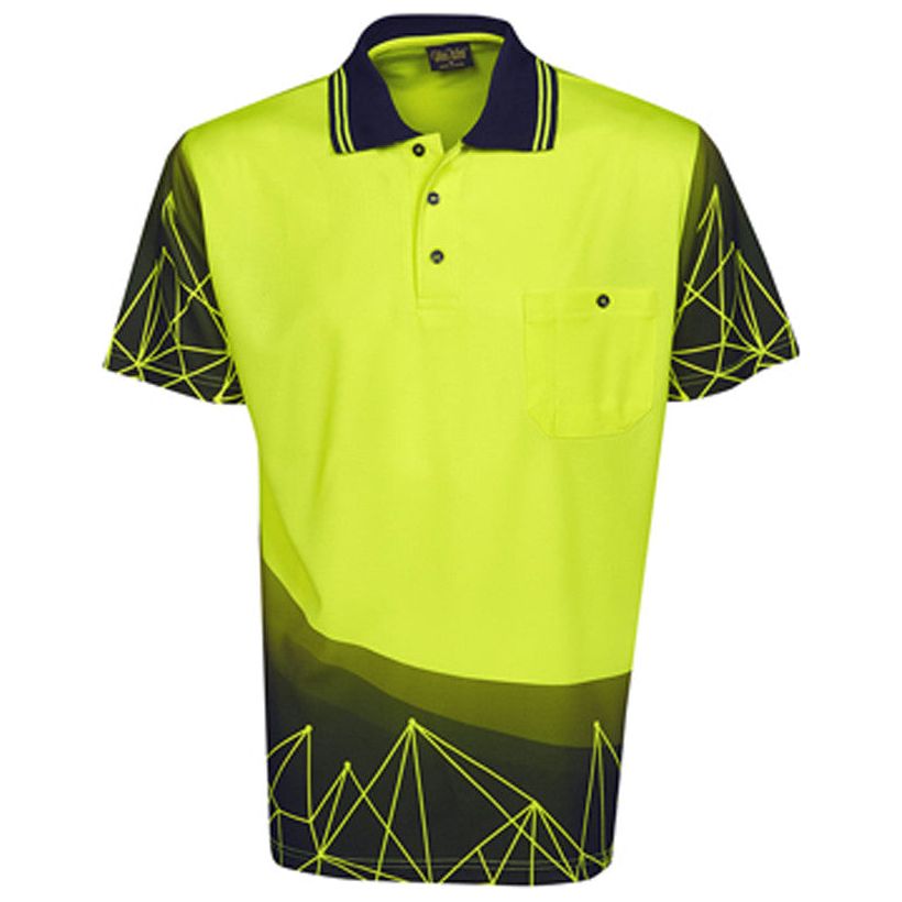 Hi Vis Polo Shirt Short Sleeve Astronomic Design Sublimation Printed (P66) Hi Vis Polo With Designs Blue Whale - Ace Workwear