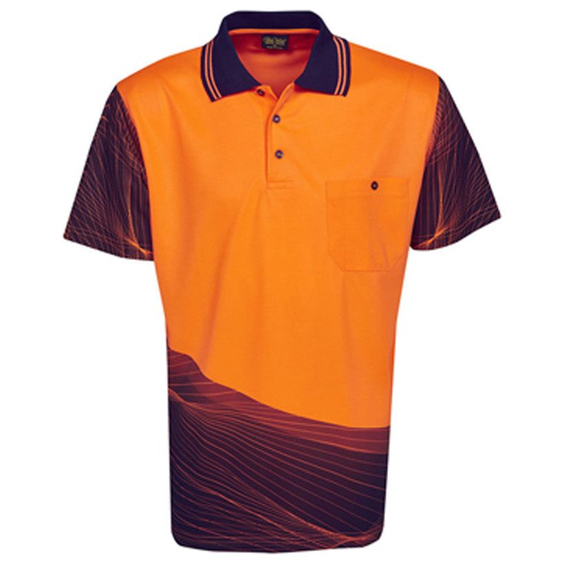 Hi Vis Polo Shirt Short Sleeve Wave Design Sublimation Printed (P67) Hi Vis Polo With Designs Blue Whale - Ace Workwear