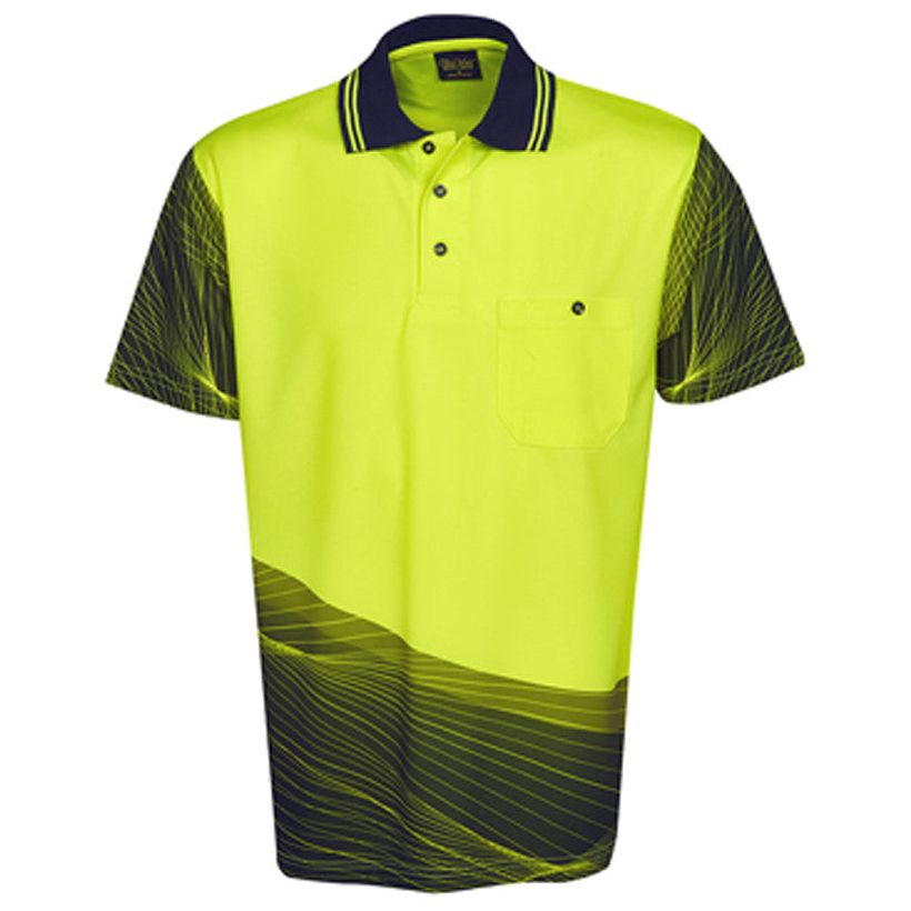 Hi Vis Polo Shirt Short Sleeve Wave Design Sublimation Printed (P67) Hi Vis Polo With Designs Blue Whale - Ace Workwear